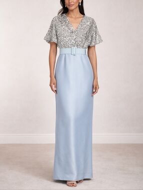 Sachin + Babi Silver Sequin Bodice and Light Blue Belted Gown